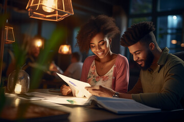Young African American couple reviewing documents and planning together in the intimate setting of a cafe. - Powered by Adobe
