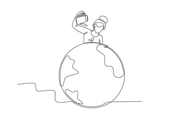 A woman watering plants on earth. World enviromental education day one-line drawing
