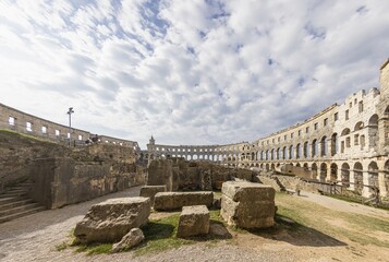 View inside the Roman amphitheater in the Croatian city of Pula without people