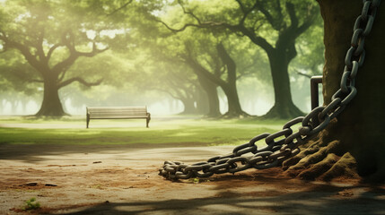 Chains linked to a tree, bench in misty park background.