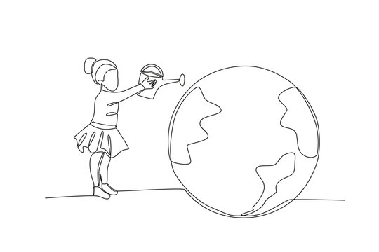 A girl takes care of the earth. World enviromental education day one-line drawing