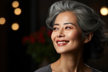 Radiate timeless beauty with this stock photo, where an elegant Asian woman with grey hair showcases flawless skin, making it an ideal choice for beauty product marketing