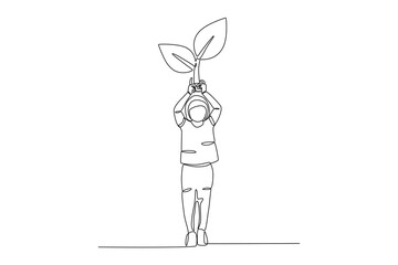 A girl holds a tree to her head. World enviromental education day one-line drawing