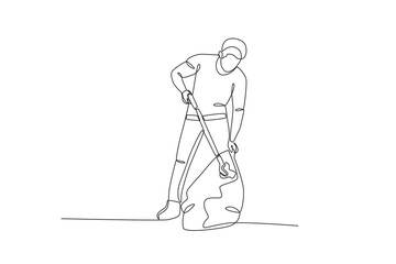 A man cleans the environment of garbage. World enviromental education day one-line drawing