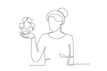 A woman with a recycling symbol in her hand. World enviromental education day one-line drawing