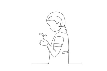 Side view of a little girl holding a tree bud. World enviromental education day one-line drawing