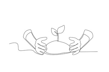 Hand planting trees. World enviromental education day one-line drawing