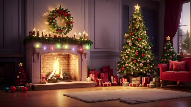 Fireplace with Christmas Decorations Animated Background