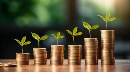 Growing plant on row of coin money. in Concept of finance And Investment of saving money or financial and business growth for profit. - obrazy, fototapety, plakaty