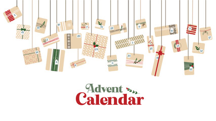 Calendario dell'avvento. 25 pacchetti regalo in stile minimal e moderno, in carta kraft pacco e con decorazioni naturalistiche. Pino, pigna, pungitopo. Decorazione per Natale.