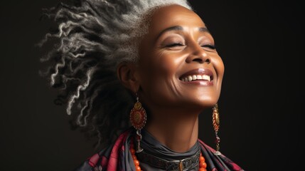 Embrace the allure of timeless beauty with this stock photo, showcasing a middle-aged African woman exuding confidence and grace, perfect for beauty product marketing