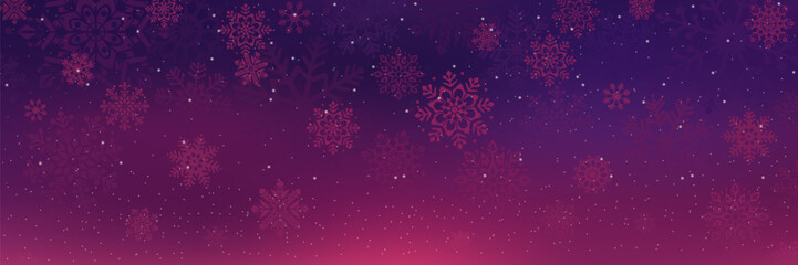 Christmas background with beautiful multi-colored snowflakes with different ornaments. New Year or Christmas in purple and red colors. Design for postcard, poster, banner, cover.