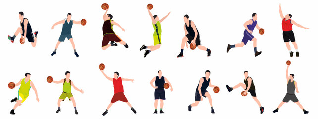 set of basketball player. Group of different basketball players in different playing action. Set of basketball players throwing ball isolated on white background © LazyArtist