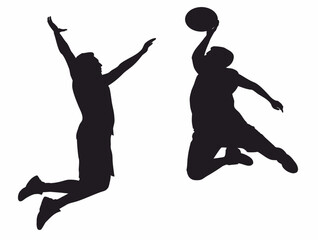silhouettes of two basketball players in different action. 