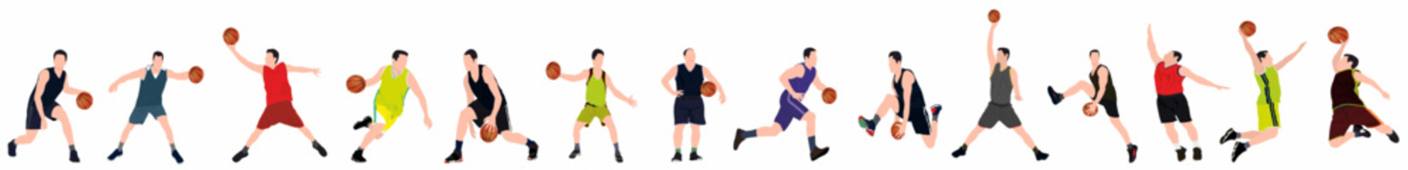 set of basketball player. Group of different basketball players in different playing action. Set of basketball players throwing ball isolated on white background