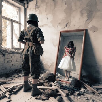 During the war, a person looks at his reflection and sees what he has lost. War background