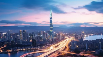 Wandcirkels aluminium 4K time lapse Seoul's best landmarks are its traffic and cityscape.  © Nazia