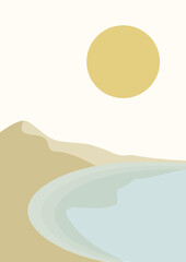 Seaside and dunes landscape illustration printed poster. Minimalistic vector cartoon lake and mountains