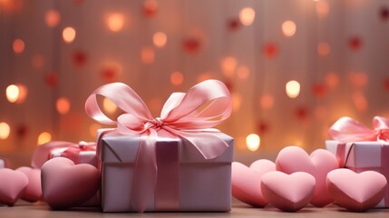 Fototapeta premium Valentines day background, gift box and pink hearts, bokeh lights