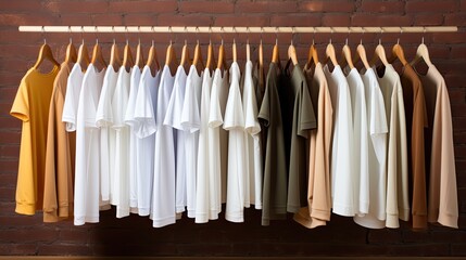 Many shirt on hangers in a row