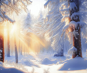 Winter beautiful sunny forest landscape, snow-covered trees illuminated by the sun