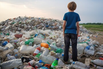 Kid standing near landfill next to mountain of plastic wastes looking far into hopelessness - obrazy, fototapety, plakaty