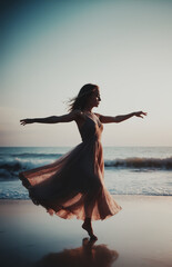 giovane affascinante ballerina che danza al tramonto su una spiaggia deserta - obrazy, fototapety, plakaty