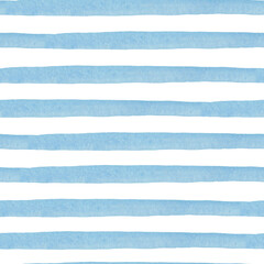 Hand drawn striped seamless watercolor pattern, blue stripes on a white background, childish bright brush strokes with a nautical theme. - obrazy, fototapety, plakaty