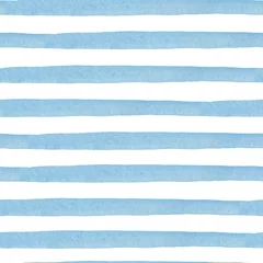 Fotobehang Hand drawn striped seamless watercolor pattern, blue stripes on a white background, childish bright brush strokes with a nautical theme. © Лилия Черепанова