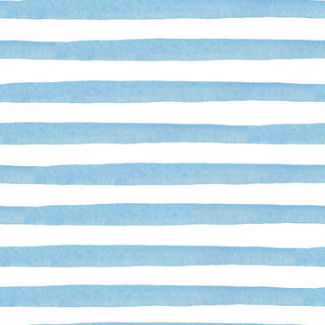 Fototapeta Hand drawn striped seamless watercolor pattern, blue stripes on a white background, childish bright brush strokes with a nautical theme.