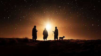 Silhouettes of ancient shepherds with goat looking into sky at Bethlehem star in starry night