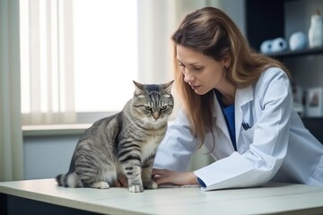 Woman veterinarian in medical gown carefully examines large cat in veterinary clinic office