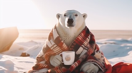 Polar bear wrapped in blanket sits with cup of coffee on glacier of Arctic ocean basking under sun - obrazy, fototapety, plakaty