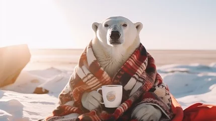 Rolgordijnen Polar bear wrapped in blanket sits with cup of coffee on glacier of Arctic ocean basking under sun © Liaisan