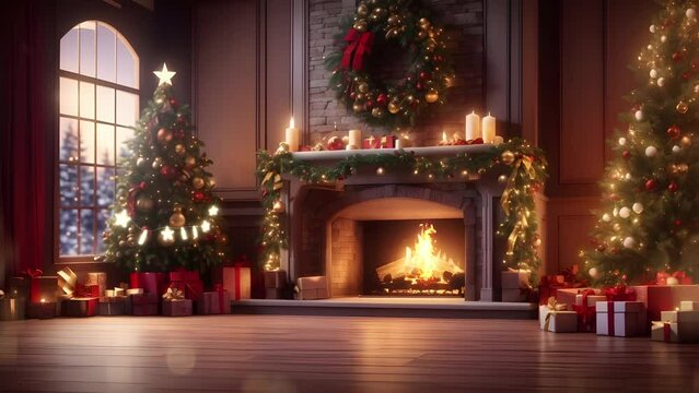 Fireplace with Christmas decorations, seamless looping time-lapse virtual video Animation Background.
