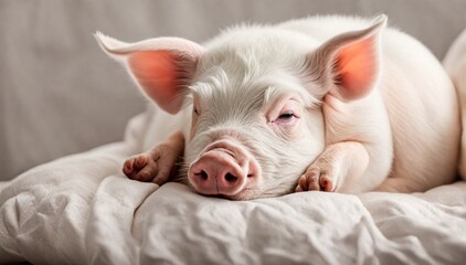 White cute mini pig sleeping on a soft pillow.