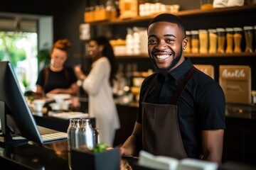 Fototapeta premium Salesman African American standing behind counter smiling with shelves of goods on background