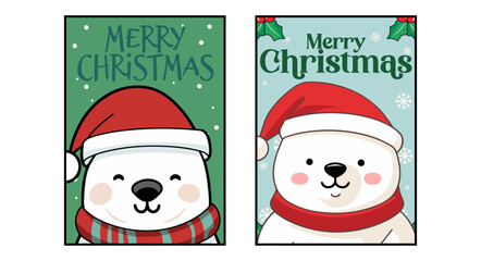 Set Collection of Polar Bear Christmas Cards: Merry Christmas Greeting Cards and Posters with Vector Cartoon Character Featured