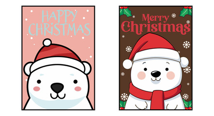 Vector Cartoon Character Featured on Christmas Card Set with Polar Bear: Merry Christmas Greeting Cards and Posters