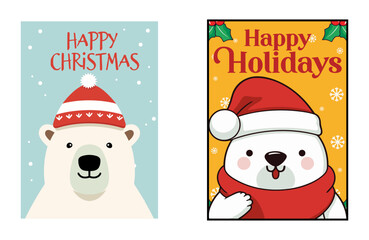 Merry Christmas Greeting Cards and Posters: Vector Cartoon Character Featured on Set Collection of Polar Bear Christmas Cards