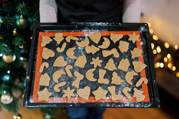 Tray with raw Christmas cookies of various shapes in the hands of a pastry chef. Cropped. Faceless
