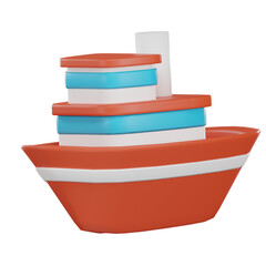 Cartoon boat toy 3D render image, toy boat isolated