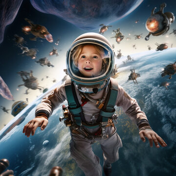 A seven-year-old girl in a spacesuit flies in outer space, around the planet and constellation. Girl astronaut. Unusual background. Fantastic.