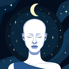 Beautiful bald woman with closed eyes on night sky background with stars and crescent. Vector illustration
