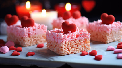 Cute valentines day rice krispy treat cookies. Delicious sweet rice crispy crunchy candy bars, holiday romantic dessert. - obrazy, fototapety, plakaty