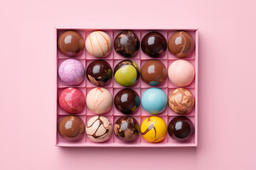 Open gift box with assortment of homemade hand painted chocolate bonbons. AI generation