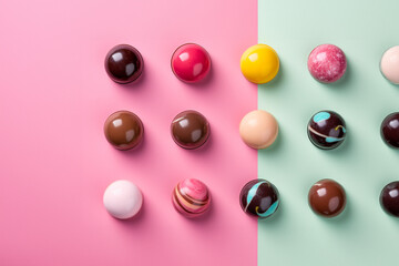 An assortment of homemade hand painted chocolate bonbons. AI generation - obrazy, fototapety, plakaty