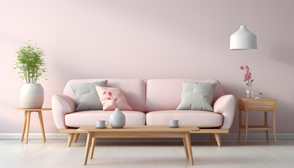 Fototapeta na wymiar Scandinavian style interior with sofa and coffe table. Empty minimalist interior with pink pastel colors 