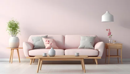 Foto op Aluminium Scandinavian style interior with sofa and coffe table. Empty minimalist interior with pink pastel  colors  © Fareedoh