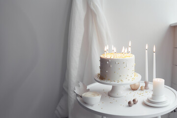 White and gold birthday cake with candles on the white table, minimalistic style. Generative AI